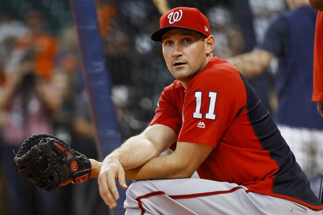 Washington Nationals first baseman Ryan Zimmerman prepares to take batting practice before Game 1 of the baseball World Series against the Houston Astros Tuesday, Oct. 22, 2019, in Houston. (AP Photo/Matt Slocum)