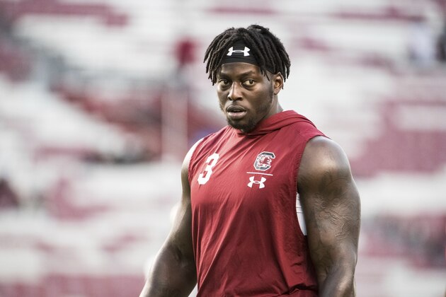 South Carolina defensive lineman Javon Kinlaw (3) warms up before an NCAA college football game against Vanderbilt Saturday, Nov. 2, 2019, in Columbia, S.C. (AP Photo/Sean Rayford) South Carolina defensive lineman Javon Kinlaw (3) warms up before an NCAA college football game against Vanderbilt Saturday, Nov. 2, 2019, in Columbia, S.C. (AP Photo/Sean Rayford)