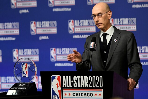 CHICAGO, ILLINOIS - FEBRUARY 15: NBA Commissioner Adam Silver speaks to the media during a press conference at the United Center on February 15, 2020 in Chicago, Illinois. NOTE TO USER: User expressly acknowledges and agrees that, by downloading and or using this photograph, User is consenting to the terms and conditions of the Getty Images License Agreement. (Photo by Stacy Revere/Getty Images)