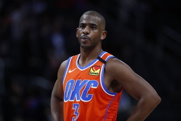 Oklahoma City Thunder guard Chris Paul plays against the Detroit Pistons in the second half of an NBA basketball game in Detroit, Wednesday, March 4, 2020. (AP Photo/Paul Sancya)