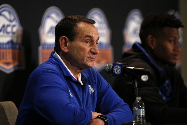 Duke basketball coach Mike Krzyzewski listens to a question during the Atlantic Coast Conference NCAA college basketball media day in Charlotte, N.C., Tuesday, Oct. 8, 2019. (AP Photo/Nell Redmond)