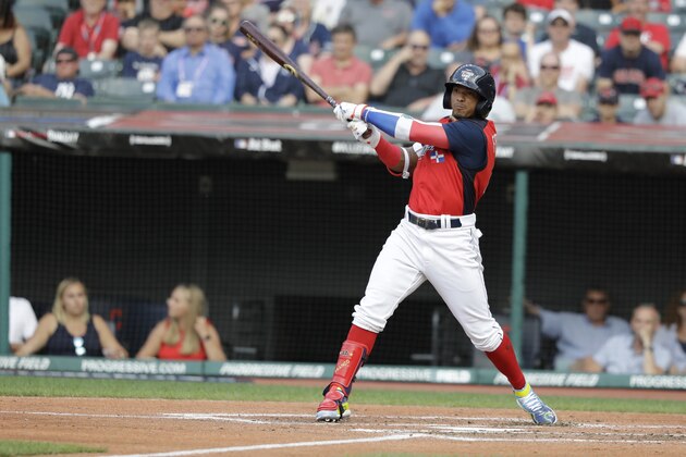 Wander Franco, of the Tampa Bay Rays, hits during the MLB All-Star Futures baseball game, Sunday, July 7, 2019, in Cleveland. The 90th MLB baseball All-Star Game will be played Tuesday. (AP Photo/Darron Cummings)