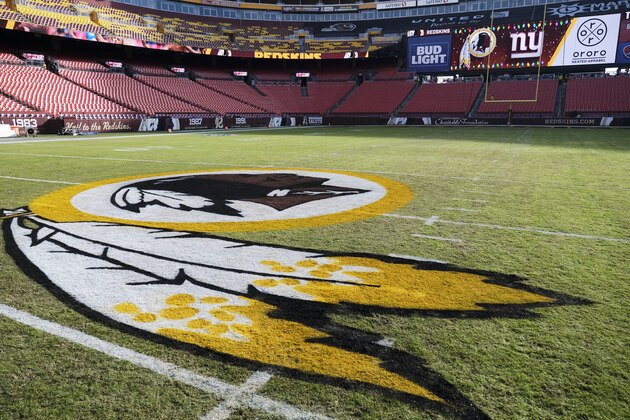 Washington Redskins logo is seen on FedEx Field prior to an NFL football game between the New York Giants and the Washington redskins, Sunday, Dec. 22, 2019, in Landover, Md. (AP Photo/Mark Tenally)