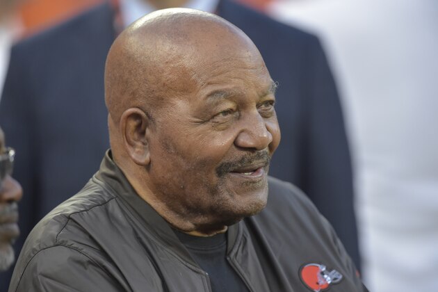 Former Cleveland Browns running back Jim Brown sits on a bench before an NFL football game between the Los Angeles Rams and the Cleveland Browns, Sunday, Sept. 22, 2019, in Cleveland. The Rams won 20-13. (AP Photo/David Richard) Former Cleveland Browns running back Jim Brown sits on a bench before an NFL football game between the Los Angeles Rams and the Cleveland Browns, Sunday, Sept. 22, 2019, in Cleveland. The Rams won 20-13. (AP Photo/David Richard)