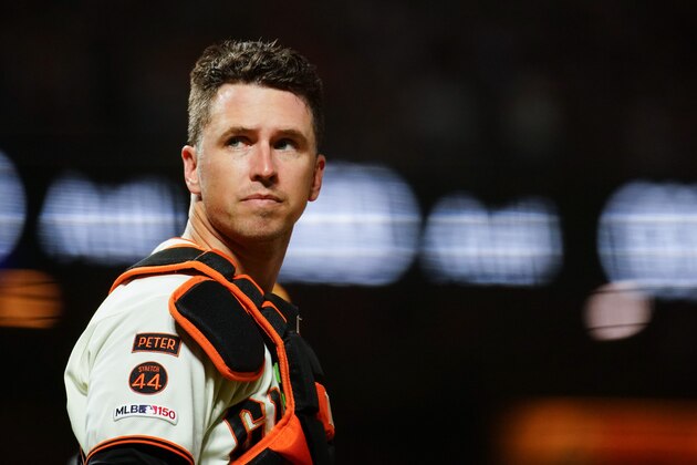 SAN FRANCISCO, CALIFORNIA - SEPTEMBER 24: Buster Posey #28 of the San Francisco Giants looks on during the game against the Colorado Rockies at Oracle Park on September 24, 2019 in San Francisco, California. (Photo by Daniel Shirey/Getty Images)