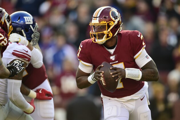 LANDOVER, MD - DECEMBER 22: Dwayne Haskins #7 of the Washington Redskins scrambles with the ball in the first half against the New York Giants at FedExField on December 22, 2019 in Landover, Maryland. (Photo by Patrick McDermott/Getty Images) LANDOVER, MD - DECEMBER 22: Dwayne Haskins #7 of the Washington Redskins scrambles with the ball in the first half against the New York Giants at FedExField on December 22, 2019 in Landover, Maryland. (Photo by Patrick McDermott/Getty Images)