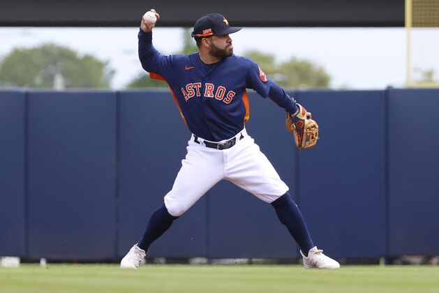 WEST PALM BEACH, FL - MARCH 9: Jose Altuve #27 of the Houston Astros throws out Harold Castro #30 of the Detroit Tigers during a spring training game at the FITTEAM Ballpark of the Palm Beaches on March 9, 2020 in West Palm Beach, Florida. (Photo by Joel Auerbach/Getty Images)