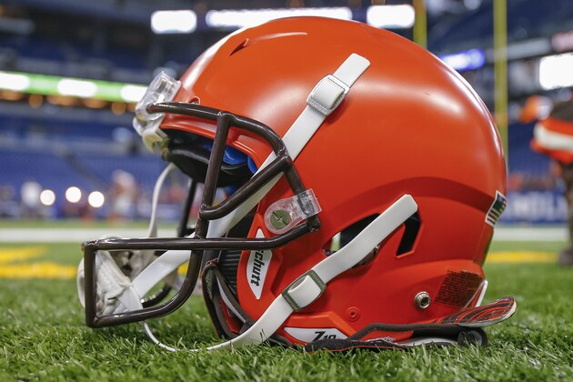 INDIANAPOLIS, IN - AUGUST 17: A Cleveland Browns helmet is seen on the field before the preseason game against the Indianapolis Colts at Lucas Oil Stadium on August 17, 2019 in Indianapolis, Indiana. (Photo by Michael Hickey/Getty Images)