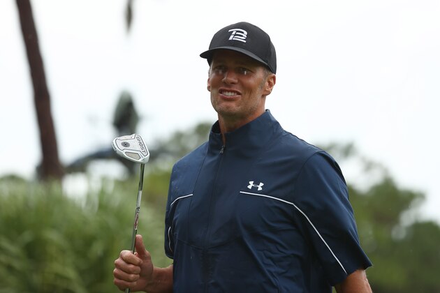 HOBE SOUND, FLORIDA - MAY 24:  NFL player Tom Brady of the Tampa Bay Buccaneers reacts on the 11th green  during The Match: Champions For Charity at Medalist Golf Club on May 24, 2020 in Hobe Sound, Florida. (Photo by Mike Ehrmann/Getty Images for The Match)