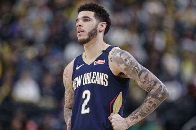 New Orleans Pelicans guard Lonzo Ball (2) during the second half of an NBA basketball game against the Indiana Pacers in Indianapolis, Saturday, Feb. 8, 2020. The Pelicans defeated the Pacers 124-117. (AP Photo/Michael Conroy)