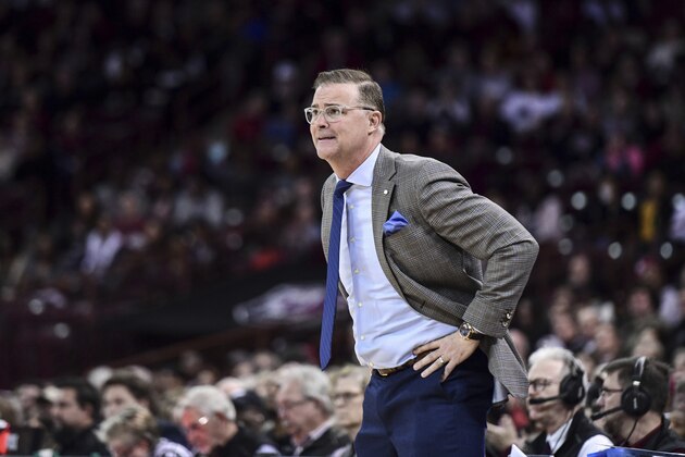 Kentucky coach Matthew Mitchell reacts to a South Carolina score during the first half of an NCAA college basketball game Thursday, Jan. 2, 2020, in Columbia, S.C. (AP Photo/Sean Rayford)