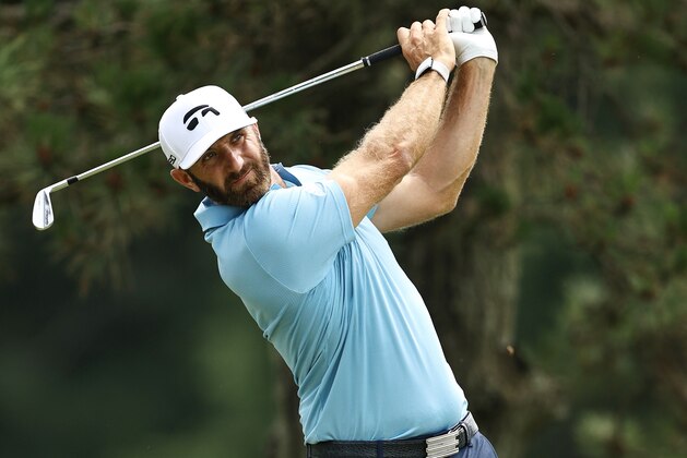 CROMWELL, CONNECTICUT - JUNE 28: Dustin Johnson of the United States plays his shot from the fifth tee during the final round of the Travelers Championship at TPC River Highlands on June 28, 2020 in Cromwell, Connecticut. (Photo by Elsa/Getty Images)