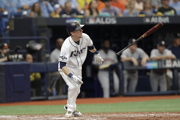 Tampa Bay Rays' Matt Duffy singles off Houston Astros relief pitcher Hector Rondon during Game 3 of a baseball American League Division Series Monday, Oct. 7, 2019, in St. Petersburg, Fla. (AP Photo/Chris O'Meara)