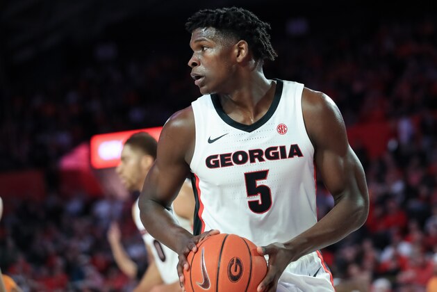 ATHENS, GA - JANUARY 15: Anthony Edwards #5 of the Georgia Bulldogs controls the ball during the first half of a game against the Tennessee Volunteers at Stegeman Coliseum on January 15, 2020 in Athens, Georgia. (Photo by Carmen Mandato/Getty Images)