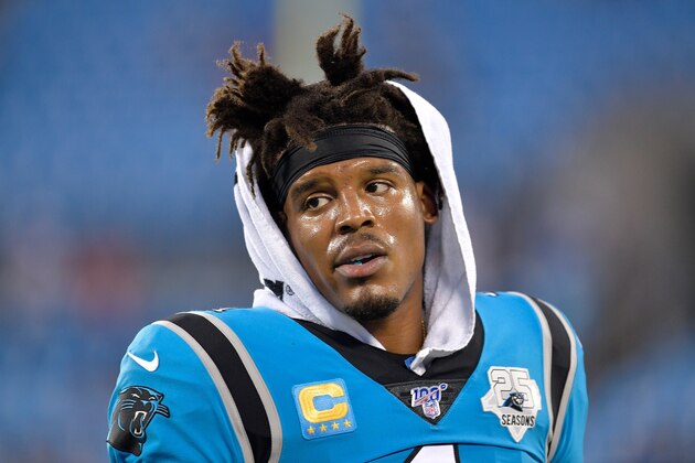 CHARLOTTE, NORTH CAROLINA - SEPTEMBER 12: Cam Newton #1 of the Carolina Panthers against the Tampa Bay Buccaneers during the first quarter of their game at Bank of America Stadium on September 12, 2019 in Charlotte, North Carolina. (Photo by Grant Halverson/Getty Images)