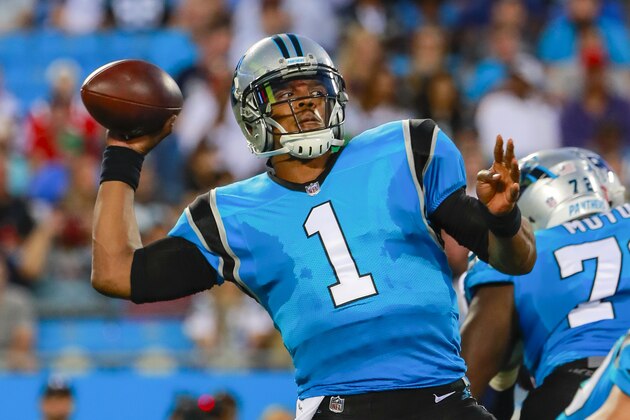 Carolina Panthers quarterback Cam Newton (1) throws a pass against the New England Patriots during an NFL game in Charlotte, N.C. on Friday, Aug. 24, 2018. (Chris Keane/AP Images for Panini)
