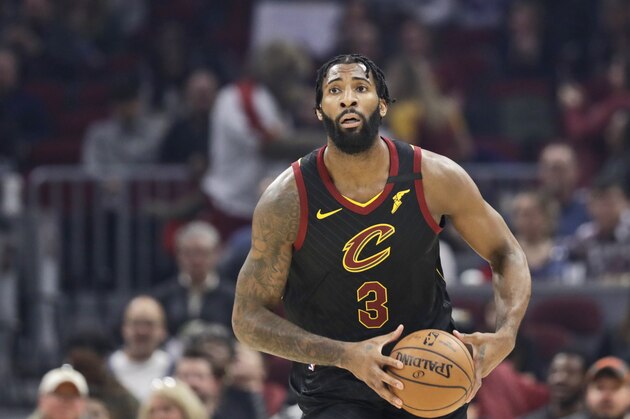 Cleveland Cavaliers' Andre Drummond drives against the Atlanta Hawks in the first half of an NBA basketball game, Wednesday, Feb. 12, 2020, in Cleveland. (AP Photo/Tony Dejak)