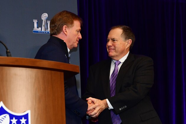 ATLANTA, GA - FEBRUARY 4: Head Coach Bill Belichick (R) of the Super Bowl LIII Champion New England Patriots is greeted by NFL Commissioner Roger Goodell at a press conference on February 4, 2019 at the Georgia World Congress Center in Atlanta, Georgia. (Photo by Scott Cunningham/Getty Images)