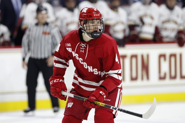 Wisconsin's Dylan Holloway during an NCAA hockey game against Boston College on Friday, Oct. 11, 2019 in Chestnut Hill, Mass. (AP Photo/Winslow Townson)