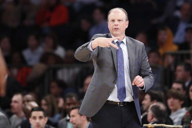 New York Knicks head coach Mike Miller signals to his players during the second half of an NBA basketball game against the Houston Rockets in New York, Monday, March 2, 2020. The Knicks defeated the Rockets 125-123. (AP Photo/Kathy Willens)