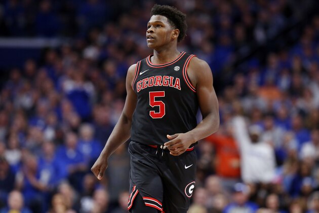 Georgia's Anthony Edwards (5) catches his breath during an NCAA college basketball game against Kentucky in Lexington, Ky., Tuesday, Jan 21, 2020. Kentucky won 89-79. (AP Photo/James Crisp)