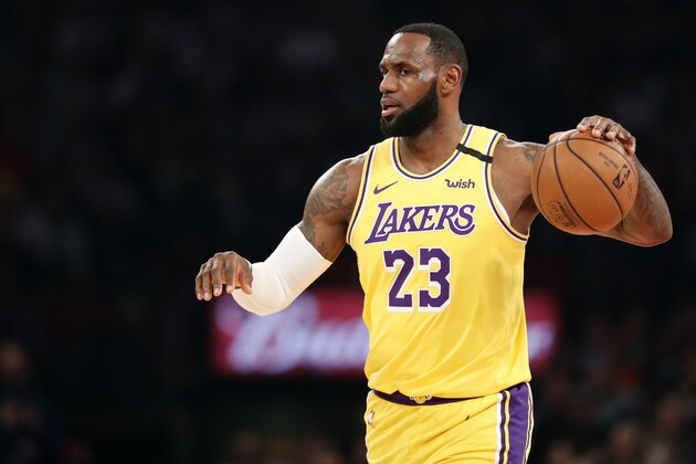 Los Angeles Lakers forward LeBron James (23) with the ball during the first half of an NBA basketball gameagainst the New York Knicks in New York, Wednesday, Jan. 22, 2020. (AP Photo/Kathy Willens)