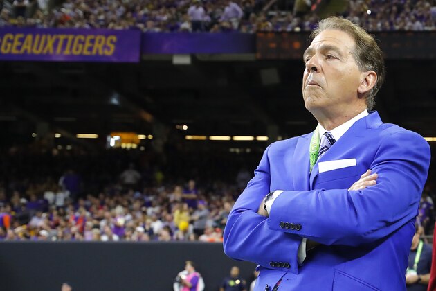 NEW ORLEANS, LOUISIANA - JANUARY 13: ESPN commentator Nick Saban during the Clemson v LSU game in the College Football Playoff National Championship game at Mercedes Benz Superdome on January 13, 2020 in New Orleans, Louisiana. (Photo by Kevin C. Cox/Getty Images)