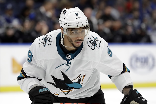 San Jose Sharks left wing Evander Kane (9) during the third period of an NHL hockey game against the Tampa Bay Lightning Saturday, Dec. 7, 2019, in Tampa, Fla. (AP Photo/Chris O'Meara) San Jose Sharks left wing Evander Kane (9) during the third period of an NHL hockey game against the Tampa Bay Lightning Saturday, Dec. 7, 2019, in Tampa, Fla. (AP Photo/Chris O'Meara)