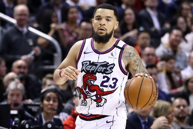TORONTO, ON - FEBRUARY 25:  Fred VanVleet #23 of the Toronto Raptors dribbles the ball during the second half of an NBA game against the Milwaukee Bucks at Scotiabank Arena on February 25, 2020 in Toronto, Canada.  NOTE TO USER: User expressly acknowledges and agrees that, by downloading and or using this photograph, User is consenting to the terms and conditions of the Getty Images License Agreement.  (Photo by Vaughn Ridley/Getty Images)