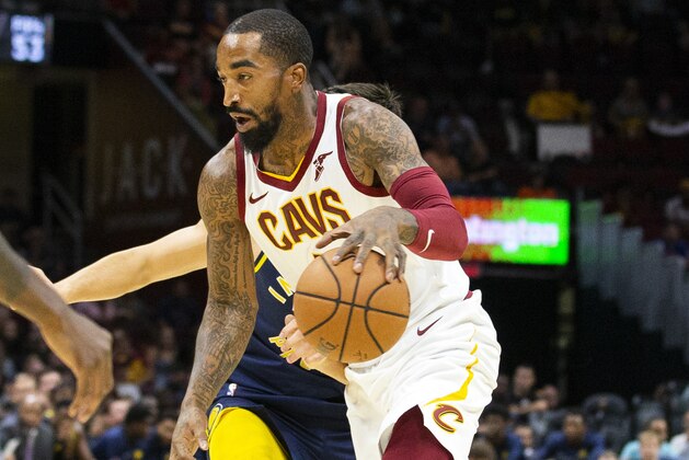 FILE - In this Oct. 8, 2018, file photo, Cleveland Cavaliers guard J.R. Smith (5) dribbles to the basket during the first quarter of a preseason NBA basketball game against the Indiana Pacers in Cleveland. Unhappy with his new role, Smith said he hopes the team trades him. Smith hasn’t formally requested a trade, but said Thursday, Nov. 1, 2018, that Cleveland’s front office knows he wants out.  (AP Photo/Scott R. Galvin, File)