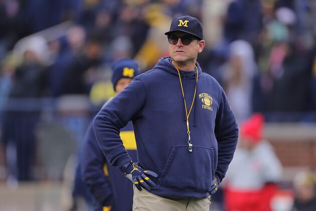 ANN ARBOR, MI - NOVEMBER 30: Michigan Wolverines Head Football Coach Jim Harbaugh watches the pregame warmups prior to the start of the game against the Ohio State Buckeyes at Michigan Stadium on November 30, 2019 in Ann Arbor, Michigan. (Photo by Leon Halip/Getty Images)