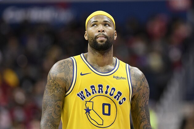 Golden State Warriors center DeMarcus Cousins (0) stands on the court during the second half of an NBA basketball game against the Washington Wizards, Thursday, Jan. 24, 2019, in Washington. The Warriors won 126-118. (AP Photo/Nick Wass) Golden State Warriors center DeMarcus Cousins (0) stands on the court during the second half of an NBA basketball game against the Washington Wizards, Thursday, Jan. 24, 2019, in Washington. The Warriors won 126-118. (AP Photo/Nick Wass)