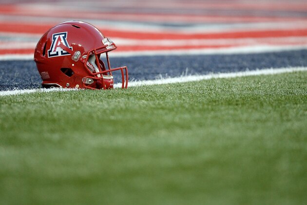 TUCSON, AZ - OCTOBER 28:  An Arizona Wildcats helmet sits on the field prior to the game against the Washington State Cougars at Arizona Stadium on October 28, 2017 in Tucson, Arizona. The Arizona Wildcats won 58-37.  (Photo by Jennifer Stewart/Getty Images)