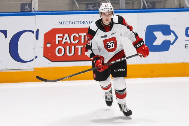 OSHAWA, ON - JANUARY 19: Jack Quinn #22 of the Ottawa 67's skates during an OHL game against the Oshawa Generals at the Tribute Communities Centre on January 19, 2020 in Oshawa, Ontario, Canada.  (Photo by Chris Tanouye/Getty Images)
