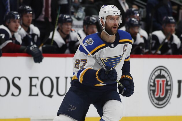 St. Louis Blues defenseman Alex Pietrangelo (27) in the second period of an NHL hockey game Saturday, Jan. 18, 2020, in Denver. (AP Photo/David Zalubowski)