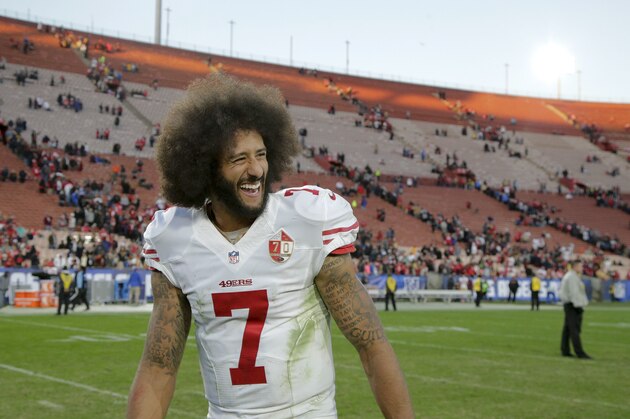 San Francisco 49ers quarterback Colin Kaepernick celebrates after their win against the Los Angeles Rams during an NFL football game Saturday, Dec. 24, 2016, in Los Angeles. The San Francisco 49ers won 22-21. (AP Photo/Jae C. Hong)
