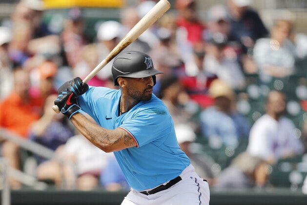 JUPITER, FLORIDA - MARCH 09:  Matt Kemp #27 of the Miami Marlins in action against the New York Mets during a Grapefruit League spring training game at Roger Dean Stadium on March 09, 2020 in Jupiter, Florida. (Photo by Michael Reaves/Getty Images)