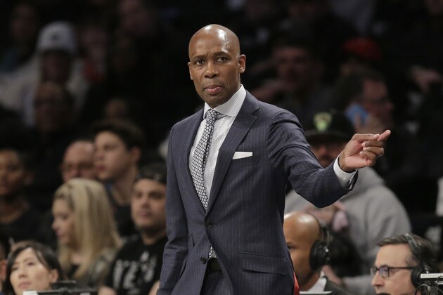 Brooklyn Nets interim head coach Jacque Vaughn talks with players during the first half of the NBA basketball game against the Chicago Bulls at the Barclays Center, Sunday, March 8, 2020, in New York. (AP Photo/Seth Wenig)