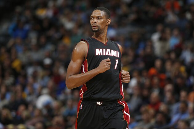 Miami Heat forward Chris Bosh (1) during the second half of an NBA basketball game Friday, Jan. 15, 2016, in Denver. Miami won 98-95. (AP Photo/David Zalubowski)