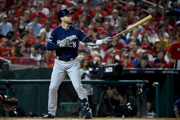 WASHINGTON, DC - OCTOBER 01: Ryan Braun #8 of the Milwaukee Brewers at bat against the Washington Nationals during the National League Wild Card game at Nationals Park on October 1, 2019 in Washington, DC. (Photo by Will Newton/Getty Images)