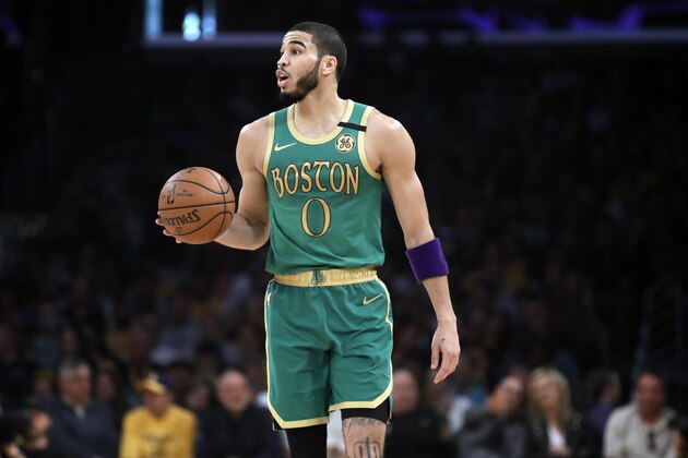 Boston Celtics' Jayson Tatum (0) during the first half of an NBA basketball game against the Los Angeles Lakers Sunday, Feb. 23, 2020, in Los Angeles. (AP Photo/Marcio Jose Sanchez)