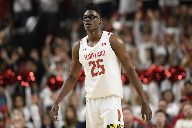 Maryland forward Jalen Smith (25) stands on the court during the second half of an NCAA college basketball game against Michigan, Sunday, March 8, 2020, in College Park, Md. Maryland won 83-70. (AP Photo/Nick Wass)