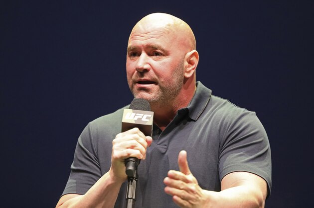 FILE - In this Sept. 19, 2019, file photo, UFC President Dana White speaks at a news conference in New York. UFC 249 has been canceled after ESPN and parent company Disney stopped White's plan to keep fighting amid the coronavirus pandemic. After defiantly vowing for weeks to maintain a regular schedule of fights, White announced the decision to cease competition Thursday, April 9, on ESPN, the UFC's broadcast partner. (AP Photo/Gregory Payan, File) FILE - In this Sept. 19, 2019, file photo, UFC President Dana White speaks at a news conference in New York. UFC 249 has been canceled after ESPN and parent company Disney stopped White's plan to keep fighting amid the coronavirus pandemic. After defiantly vowing for weeks to maintain a regular schedule of fights, White announced the decision to cease competition Thursday, April 9, on ESPN, the UFC's broadcast partner. (AP Photo/Gregory Payan, File)