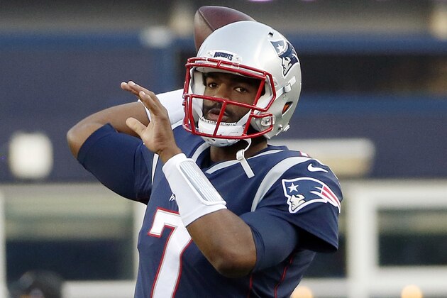 New England Patriots quarterback Jacoby Brissett warms up before an NFL preseason football game against the Jacksonville Jaguars, Thursday, Aug. 10, 2017, in Foxborough, Mass. (AP Photo/Mary Schwalm)