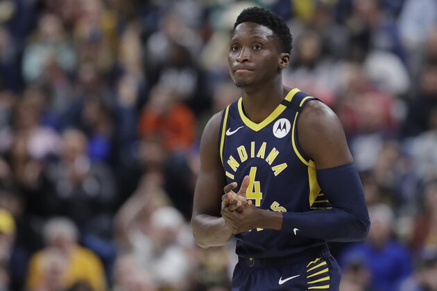Indiana Pacers' Victor Oladipo (4) enters the game during the first half of an NBA basketball game against the New York Knicks, Saturday, Feb. 1, 2020, in Indianapolis. (AP Photo/Darron Cummings)