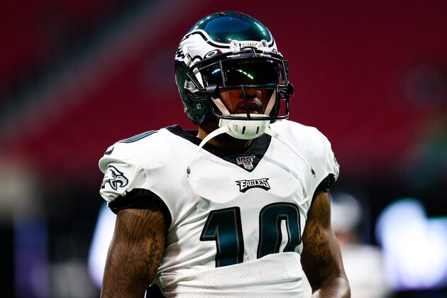ATLANTA, GA - SEPTEMBER 15: DeSean Jackson #10 of the Philadelphia Eagles warms up prior to the start of a game against the Atlanta Falcons at Mercedes-Benz Stadium on September 15, 2019 in Atlanta, Georgia. (Photo by Carmen Mandato/Getty Images) ATLANTA, GA - SEPTEMBER 15: DeSean Jackson #10 of the Philadelphia Eagles warms up prior to the start of a game against the Atlanta Falcons at Mercedes-Benz Stadium on September 15, 2019 in Atlanta, Georgia. (Photo by Carmen Mandato/Getty Images)