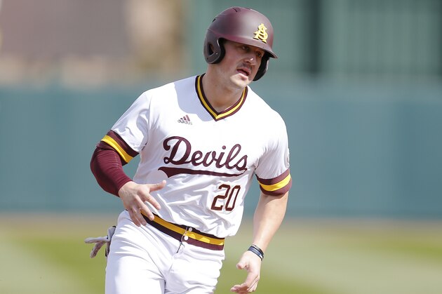 Arizona State first baseman Spencer Torkelson during an NCAA college baseball game against Notre Dame, Sunday, Feb. 17, 2019, in Phoenix. (AP Photo/Rick Scuteri)
