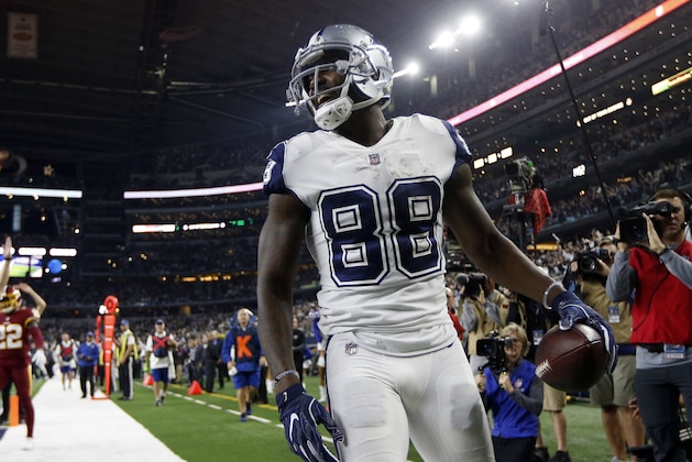 Dallas Cowboys wide receiver Dez Bryant (88) smiles after catching a touchdown pass in the second half of an NFL football game against the Washington Redskins on Thursday, Nov. 30, 2017, in Arlington, Texas. (AP Photo/Ron Jenkins)