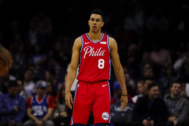 Philadelphia 76ers' Zhaire Smith in action during an NBA preseason basketball game against the Guangzhou Loong-Lions Tuesday, Oct. 8, 2019, in Philadelphia. (AP Photo/Matt Rourke)