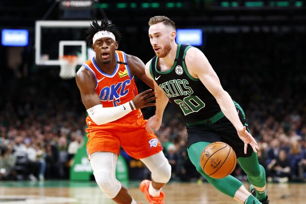 BOSTON, MASSACHUSETTS - MARCH 08: Gordon Hayward #20 of the Boston Celtics drives to the basket during the third quarter of the game against the Oklahoma City Thunder at TD Garden on March 08, 2020 in Boston, Massachusetts. NOTE TO USER: User expressly acknowledges and agrees that, by downloading and or using this photograph, User is consenting to the terms and conditions of the Getty Images License Agreement. (Photo by Omar Rawlings/Getty Images)